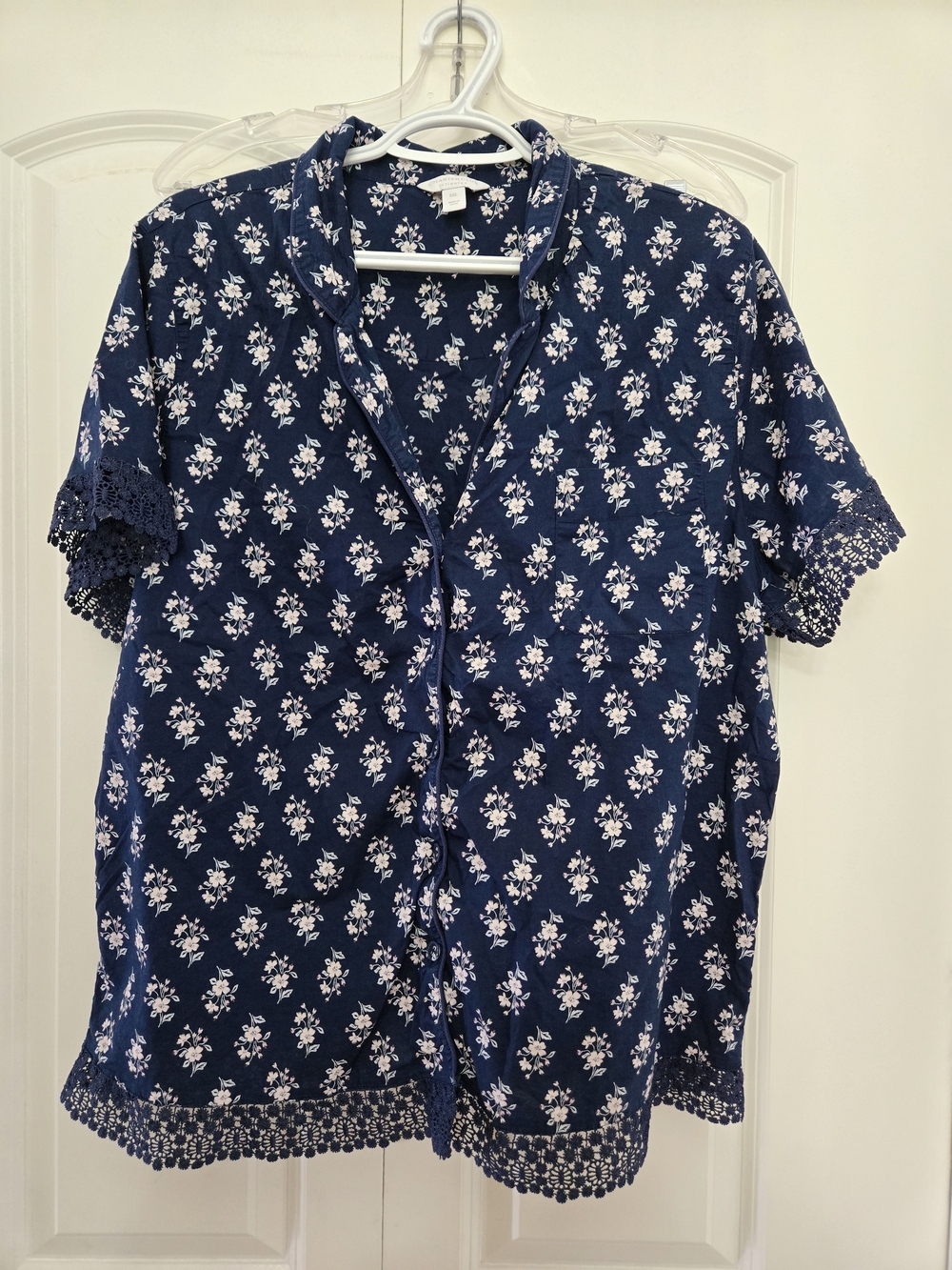 Charter Club Intimates Navy Floral Button-Front Top with Lace Trim